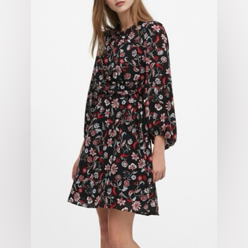 Banana Republic Tie Waist Mini Dress Black Red Floral Women’s Size 8